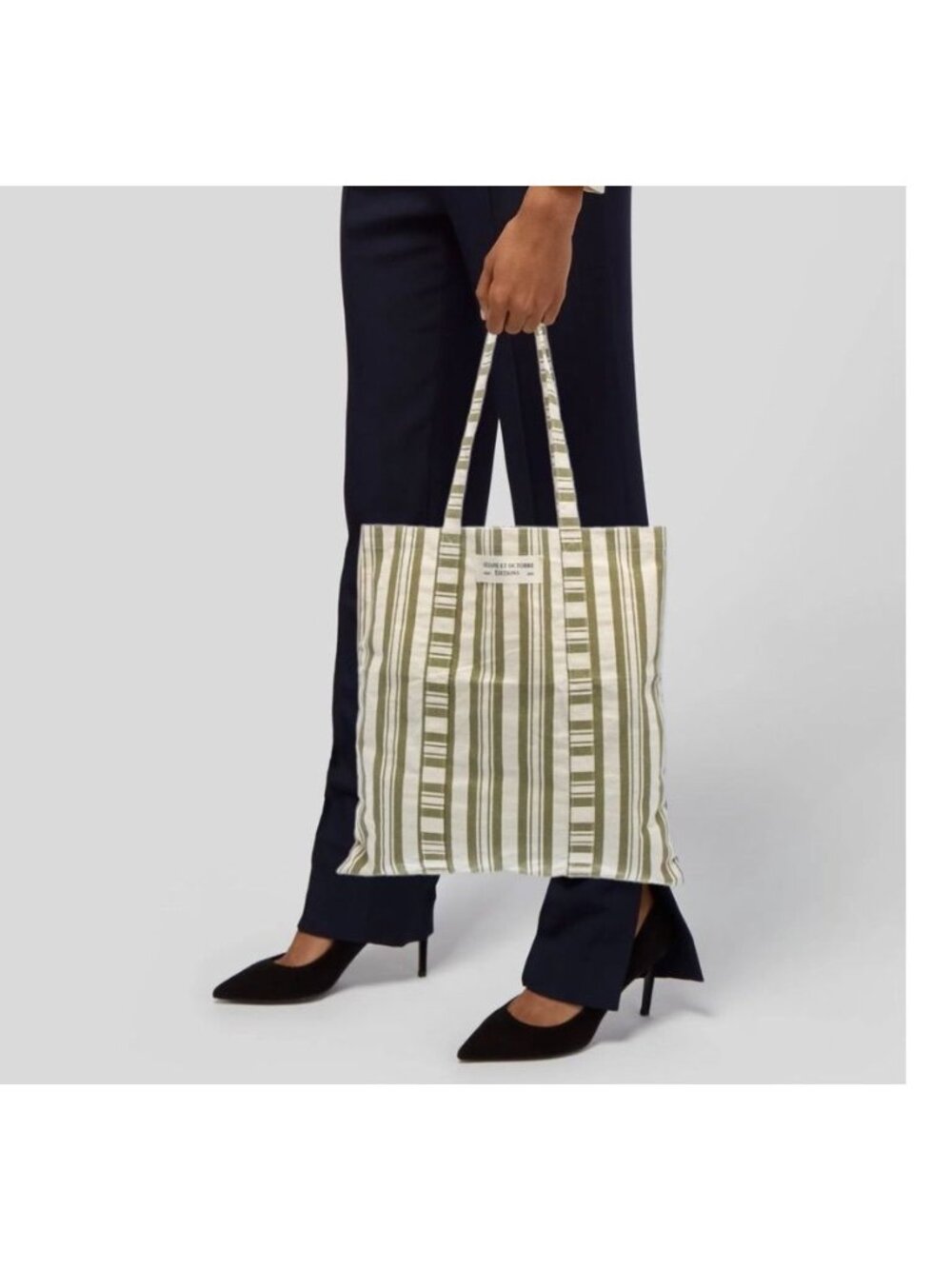 Sézane Canvas Tote Bag Green Ivory Striped Shoulder Shopper French Designer